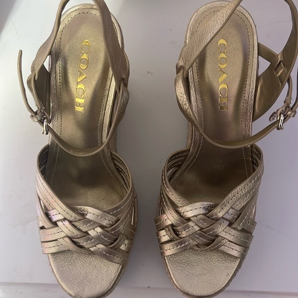 Coach Shoes - Coach open toe gold wedge heel